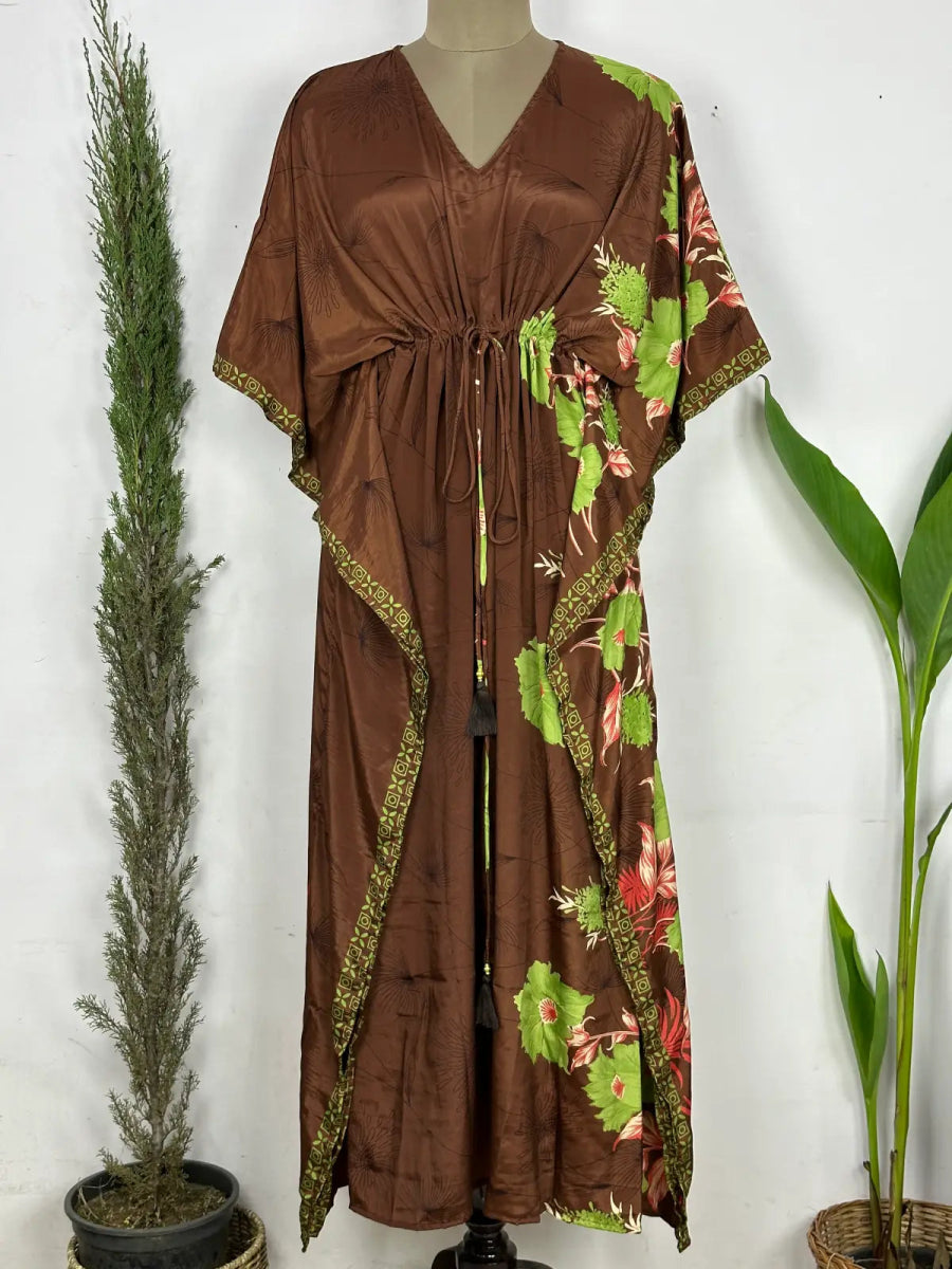 Recycled Silk Vintage Sari Kaftan Boho Dress Flowy Long Length Blossom Artistic Women Beach Coverup | Muddy Brown Floral - The Eastern Loom