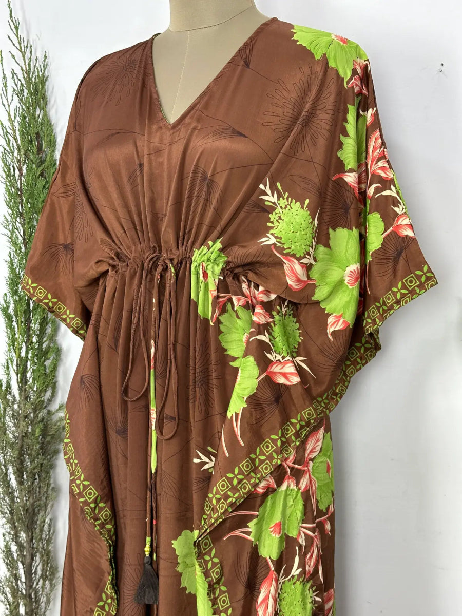 Recycled Silk Vintage Sari Kaftan Boho Dress Flowy Long Length Blossom Artistic Women Beach Coverup | Muddy Brown Floral - The Eastern Loom