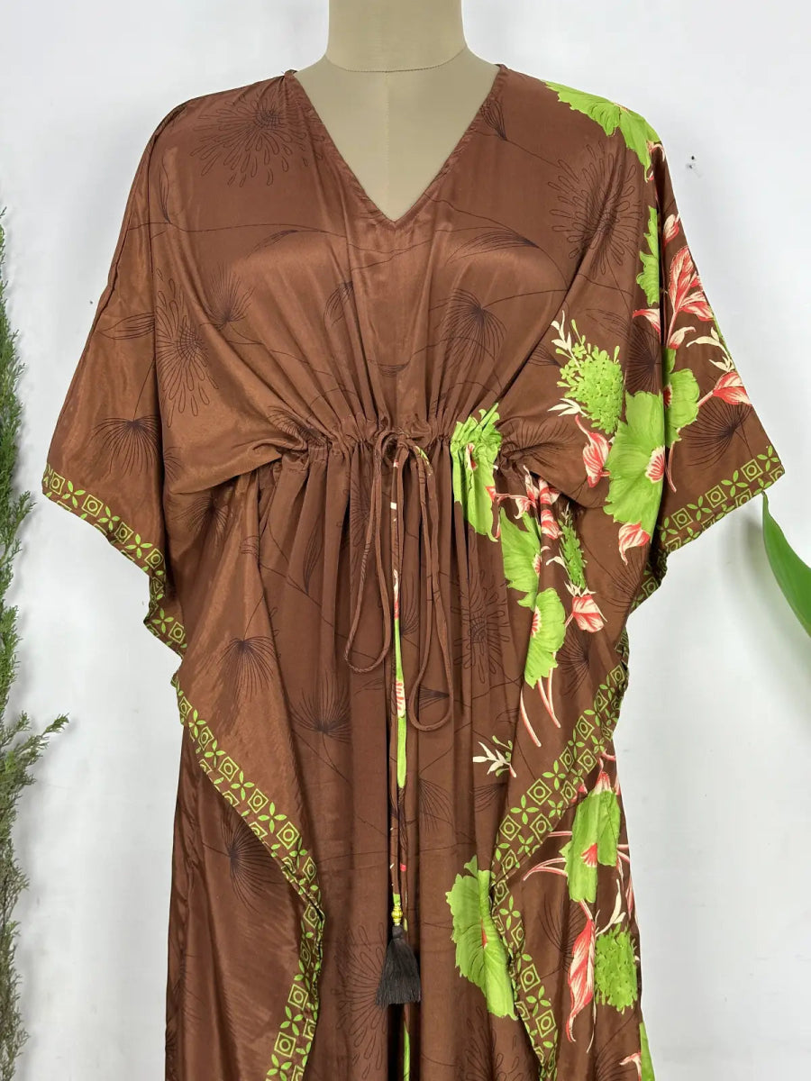 Recycled Silk Vintage Sari Kaftan Boho Dress Flowy Long Length Blossom Artistic Women Beach Coverup | Muddy Brown Floral - The Eastern Loom