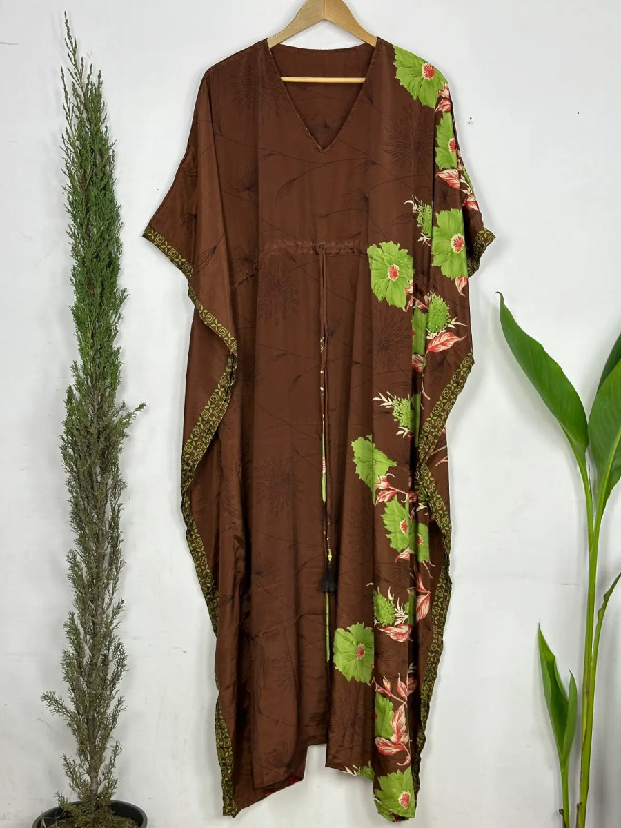Recycled Silk Vintage Sari Kaftan Boho Dress Flowy Long Length Blossom Artistic Women Beach Coverup | Muddy Brown Floral - The Eastern Loom