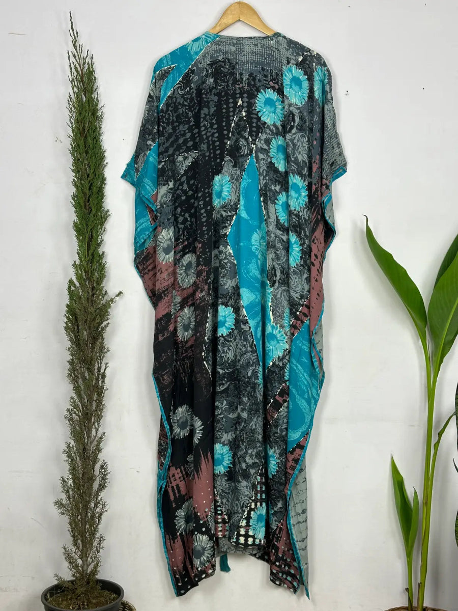 Recycled Silk Vintage Sari Kaftan Boho Dress Flowy Long Length Blossom Artistic Women Beach Coverup | Pastel Grey Floral - The Eastern Loom