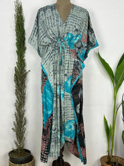 Recycled Silk Vintage Sari Kaftan Boho Dress Flowy Long Length Blossom Artistic Women Beach Coverup | Pastel Grey Floral - The Eastern Loom