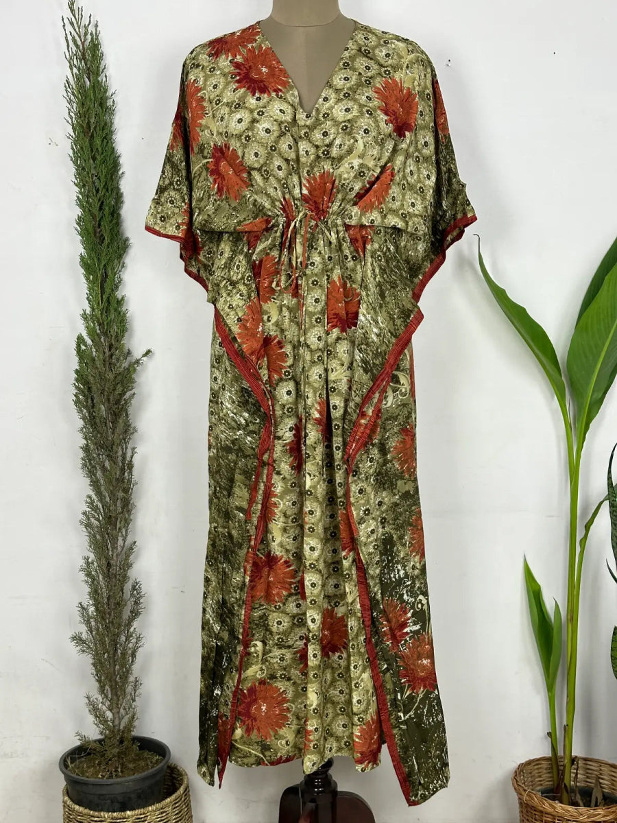 Recycled Silk Vintage Sari Kaftan Boho Dress Flowy Long Length Blossom Artistic Women Beach Coverup | Pastel Orange Floral - The Eastern Loom