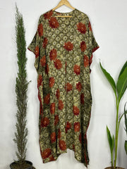 Recycled Silk Vintage Sari Kaftan Boho Dress Flowy Long Length Blossom Artistic Women Beach Coverup | Pastel Orange Floral - The Eastern Loom