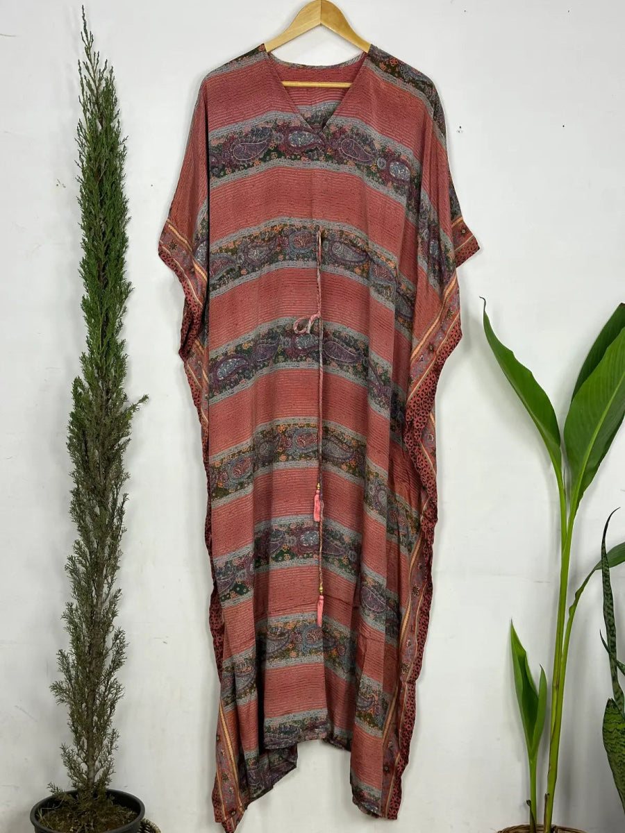 Recycled Silk Vintage Sari Kaftan Boho Dress Flowy Long Length Blossom Artistic Women Beach Coverup | Persian Paisley Stripes - The Eastern Loom