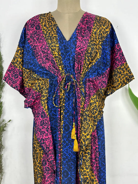 Recycled Silk Vintage Sari Kaftan Boho Dress Flowy Long Length Blossom Artistic Women Beach Coverup | Pink Blue Yellow Botanical Blossom - The Eastern Loom