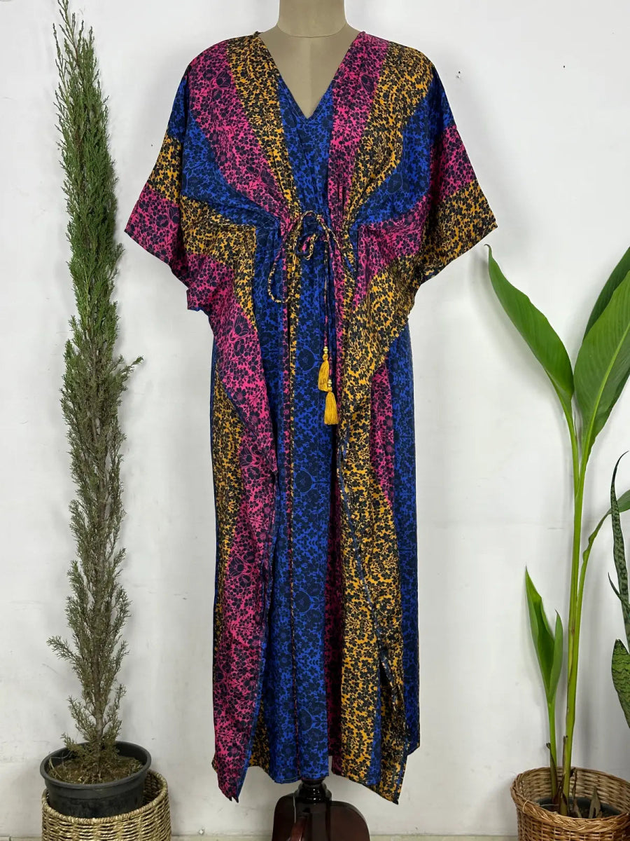 Recycled Silk Vintage Sari Kaftan Boho Dress Flowy Long Length Blossom Artistic Women Beach Coverup | Pink Blue Yellow Botanical Blossom - The Eastern Loom