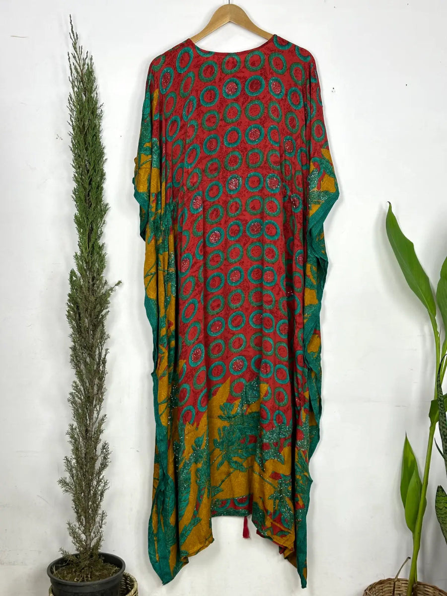 Recycled Silk Vintage Sari Kaftan Boho Dress Flowy Long Length Blossom Artistic Women Beach Coverup | Red Green Geometric - The Eastern Loom