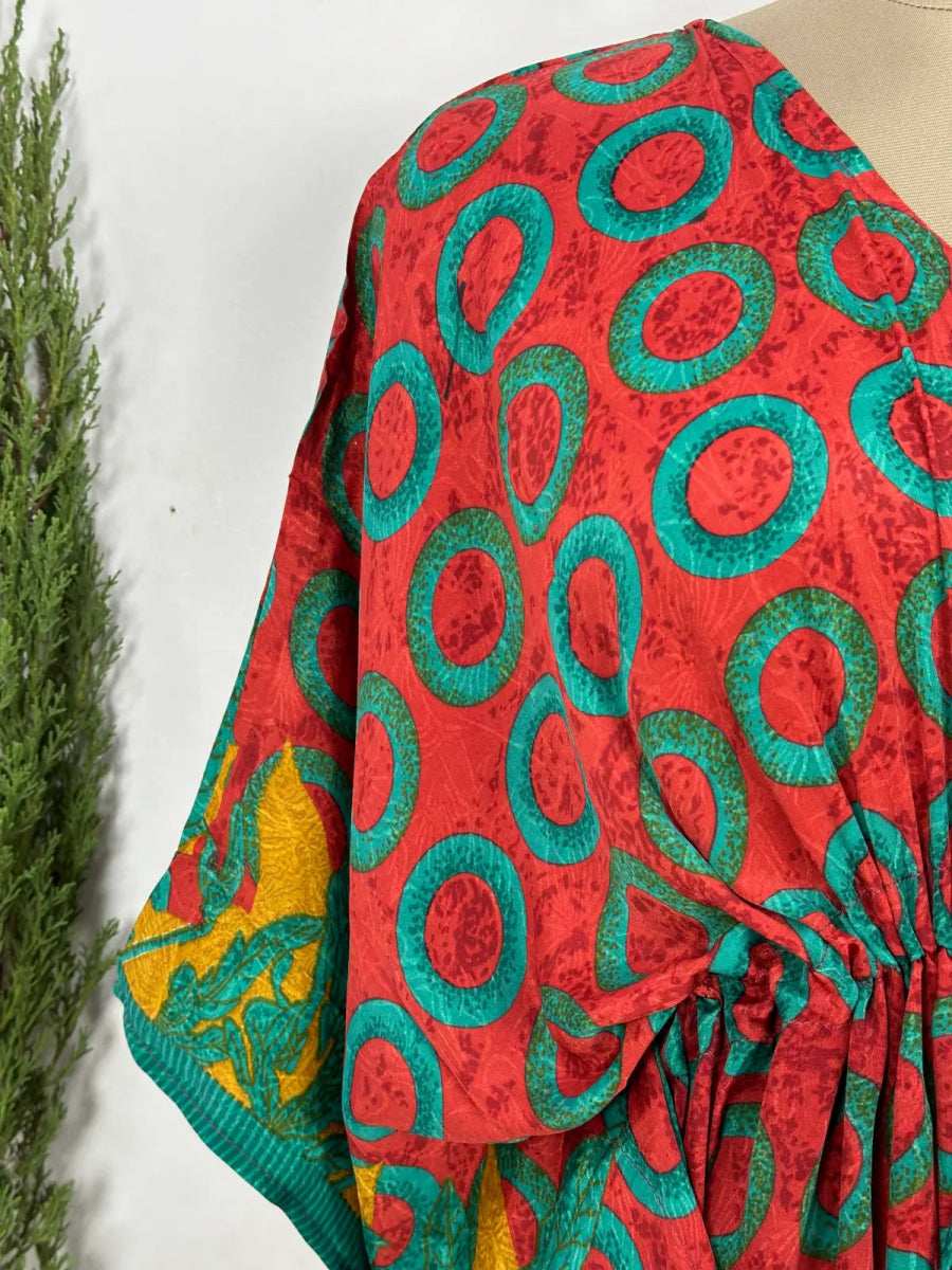 Recycled Silk Vintage Sari Kaftan Boho Dress Flowy Long Length Blossom Artistic Women Beach Coverup | Red Green Geometric - The Eastern Loom