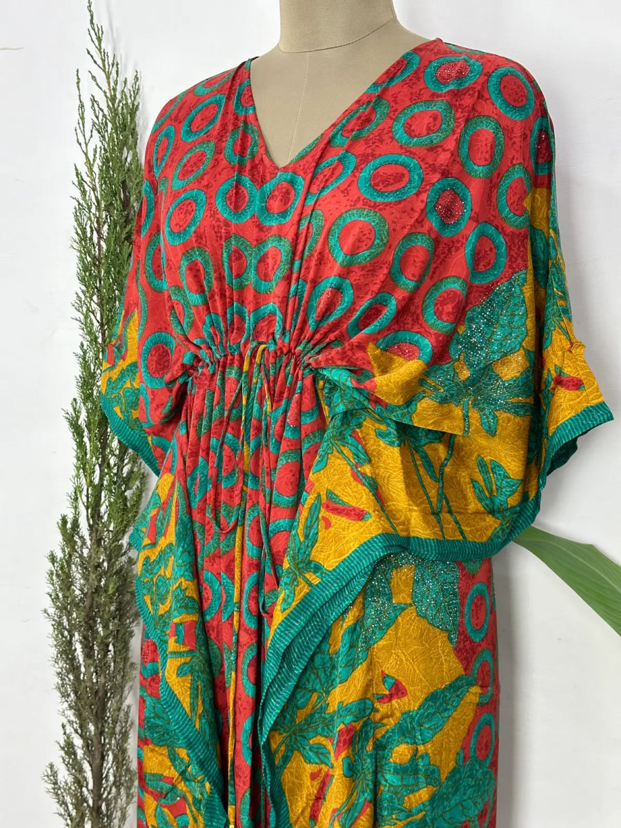 Recycled Silk Vintage Sari Kaftan Boho Dress Flowy Long Length Blossom Artistic Women Beach Coverup | Red Green Geometric - The Eastern Loom