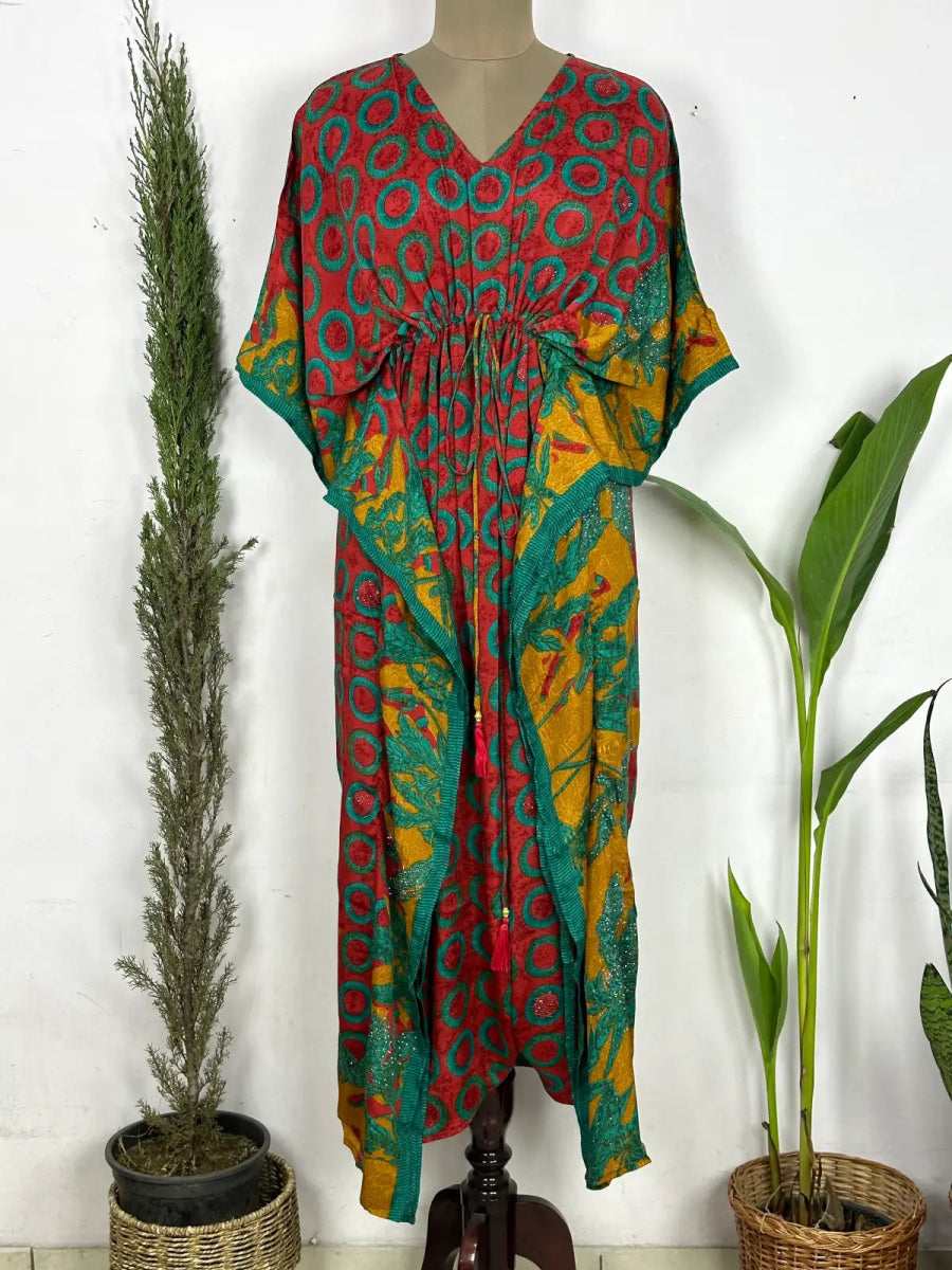 Recycled Silk Vintage Sari Kaftan Boho Dress Flowy Long Length Blossom Artistic Women Beach Coverup | Red Green Geometric - The Eastern Loom
