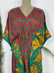 Recycled Silk Vintage Sari Kaftan Boho Dress Flowy Long Length Blossom Artistic Women Beach Coverup | Red Green Geometric - The Eastern Loom