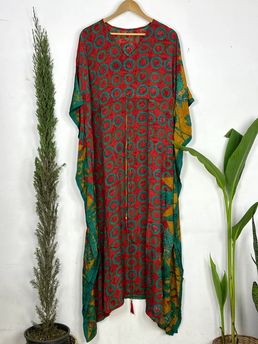 Recycled Silk Vintage Sari Kaftan Boho Dress Flowy Long Length Blossom Artistic Women Beach Coverup | Red Green Geometric - The Eastern Loom