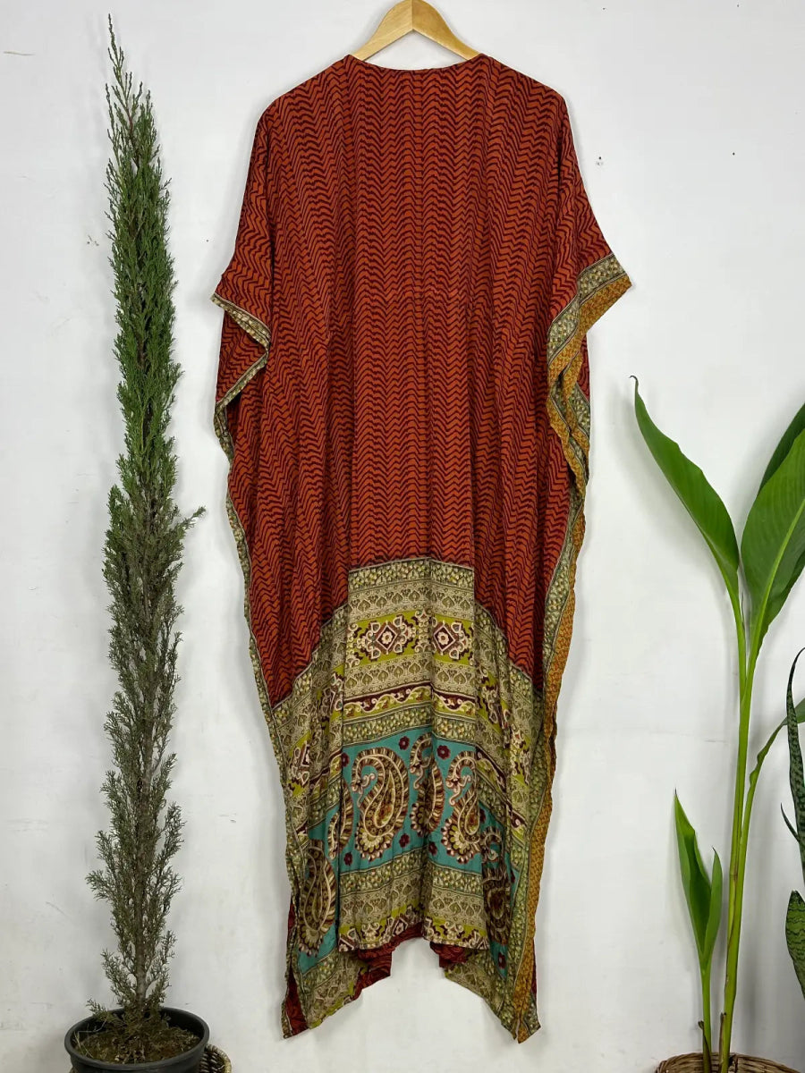 Recycled Silk Vintage Sari Kaftan Boho Dress Flowy Long Length Blossom Artistic Women Beach Coverup | Rust Brown Geometric - The Eastern Loom
