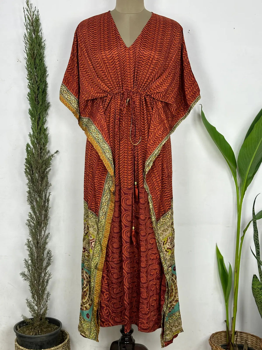 Recycled Silk Vintage Sari Kaftan Boho Dress Flowy Long Length Blossom Artistic Women Beach Coverup | Rust Brown Geometric - The Eastern Loom