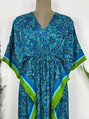 Recycled Silk Vintage Sari Kaftan Boho Dress Flowy Long Length Blossom Artistic Women Beach Coverup | Turquoise Blue Floral - The Eastern Loom