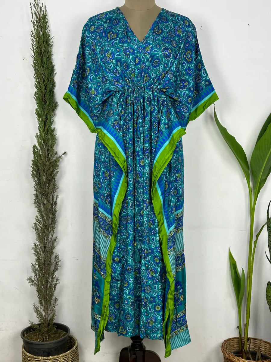 Recycled Silk Vintage Sari Kaftan Boho Dress Flowy Long Length Blossom Artistic Women Beach Coverup | Turquoise Blue Floral - The Eastern Loom