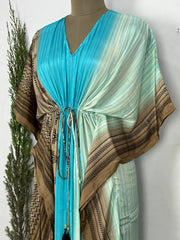 Recycled Silk Vintage Sari Kaftan Boho Dress Flowy Long Length Blossom Artistic Women Beach Coverup | Wavy Sand Beach Blue - The Eastern Loom