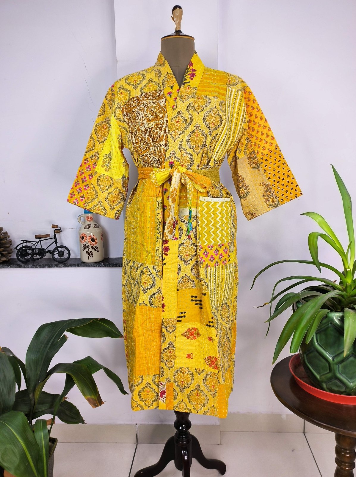 Reversible Hand-Stitched Women's Robe Hand Block Printed Bohemian Cotton Kantha Kimono | Perfect Summers Sunshine Garden Bliss - The Eastern Loom