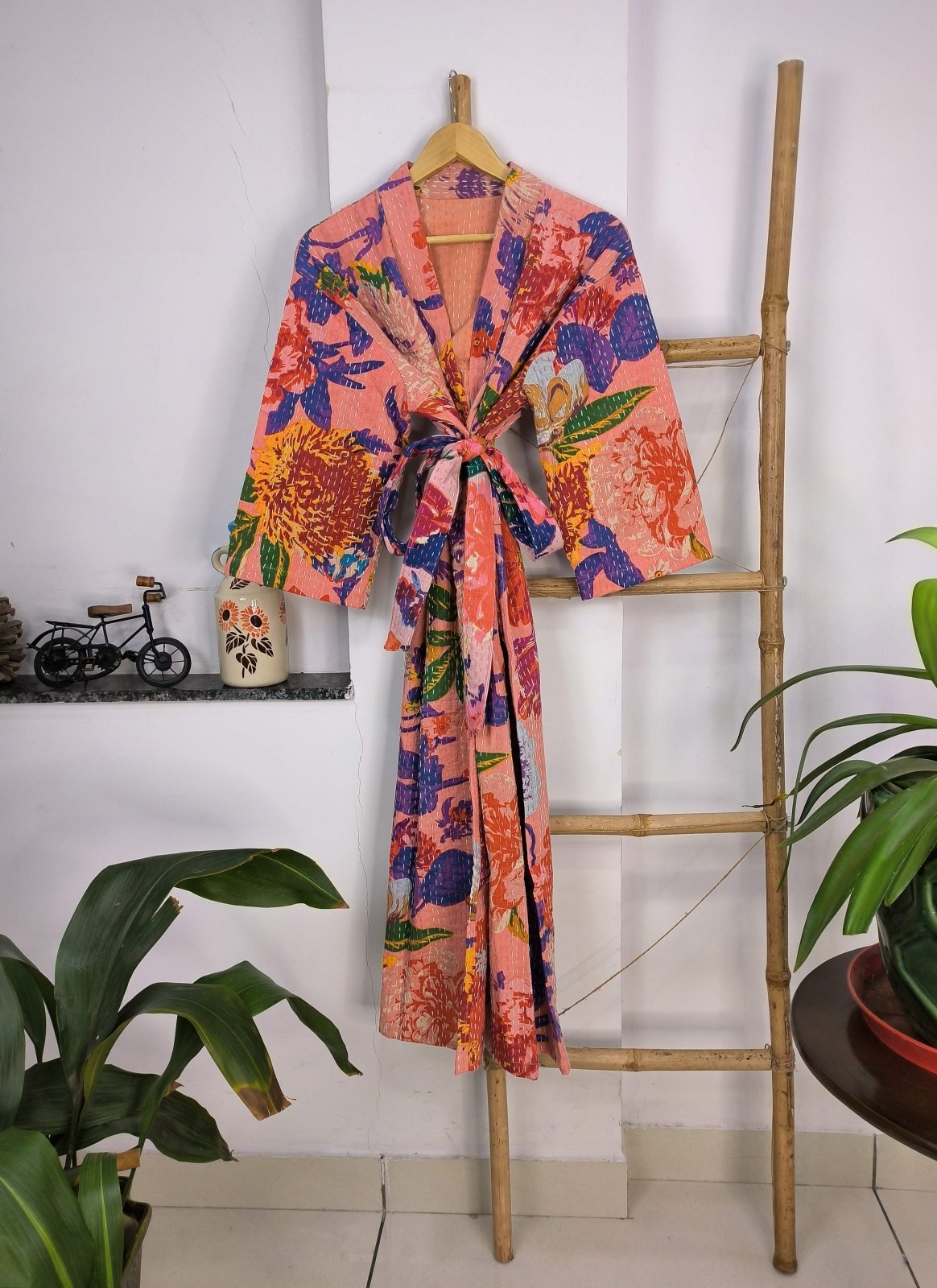 Reversible Hand-Stitched Women's Robe Hand Block Printed Bohemian Cotton Kantha Kimono | Perfect Summers Sunshine Garden Bliss - The Eastern Loom