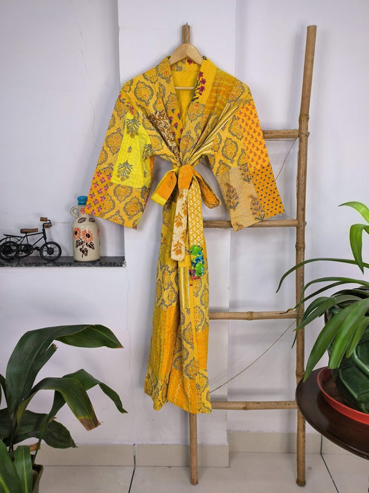 Reversible Hand-Stitched Women's Robe Hand Block Printed Bohemian Cotton Kantha Kimono | Perfect Summers Sunshine Garden Bliss - The Eastern Loom