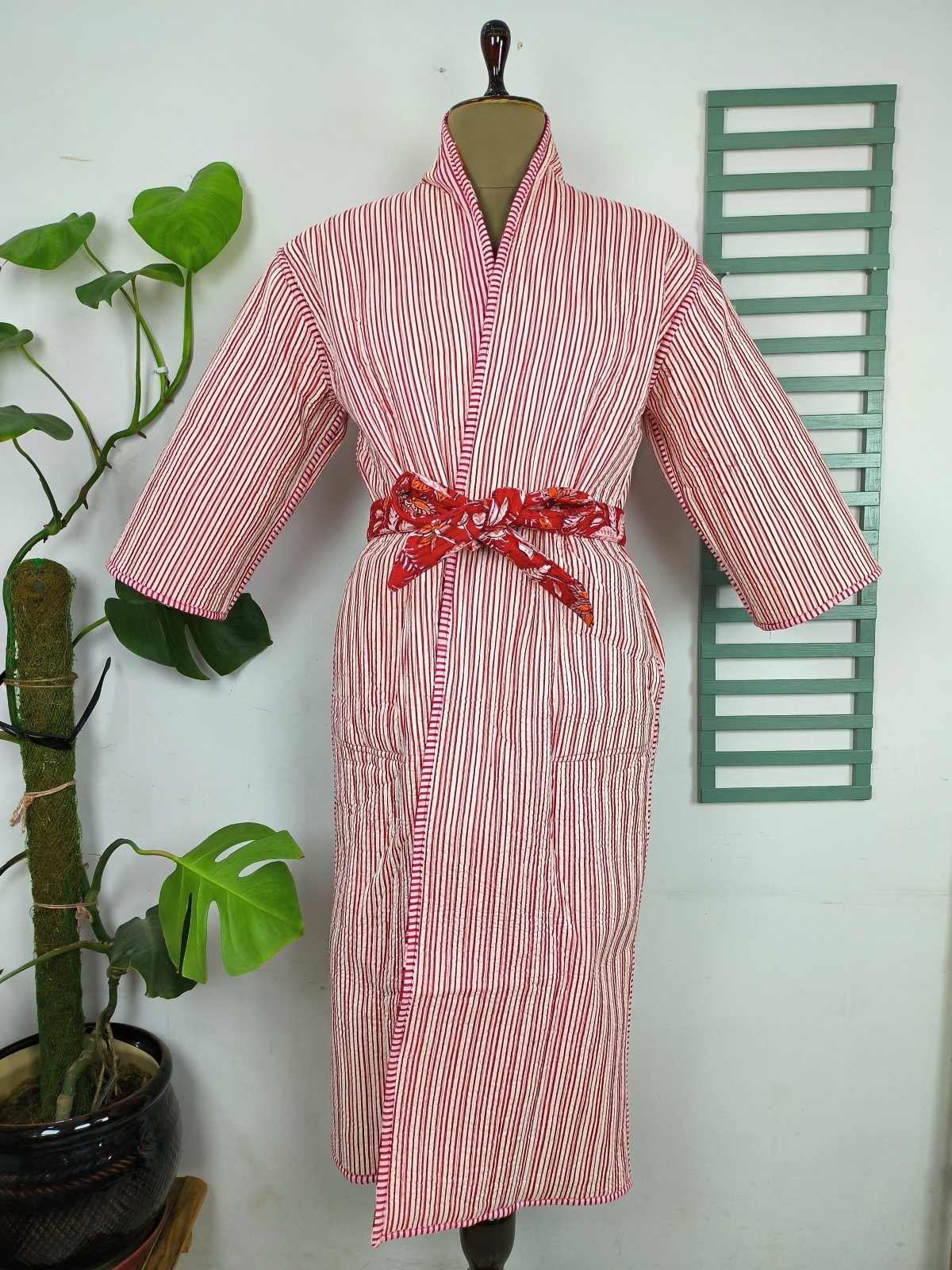 Reversible Pure Cotton Kantha Quilted Unisex Red Floral Kimono | Perfect Dressing Fall Autumn Winter Boho Indian Block Printed Stripes Robe - The Eastern Loom