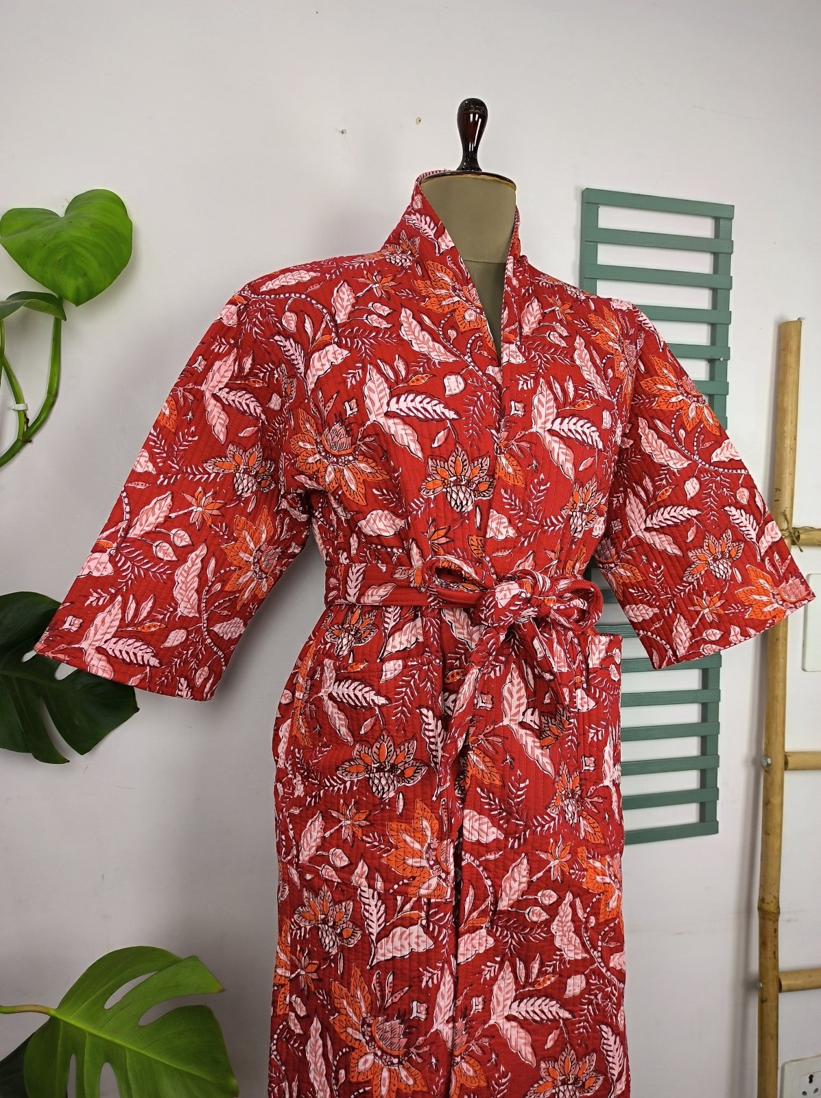 Reversible Pure Cotton Kantha Quilted Unisex Red Floral Kimono | Perfect Dressing Fall Autumn Winter Boho Indian Block Printed Stripes Robe - The Eastern Loom