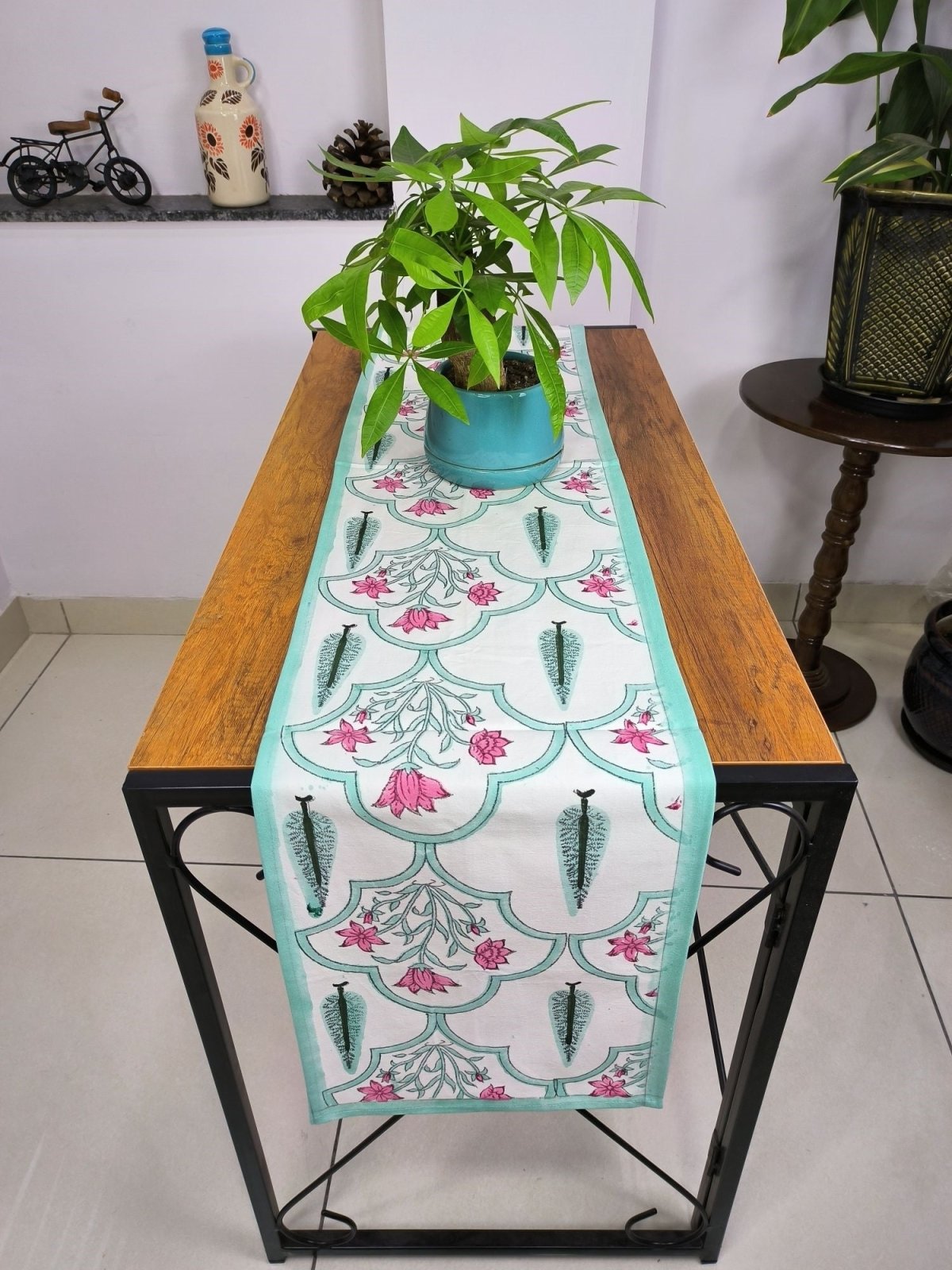 Table Runner 100% Pure Cotton Cloth Border Design | Indian Floral Printed Fall Table Runner | Housewarming Fall Gifts | Fruity Pink Green - The Eastern Loom