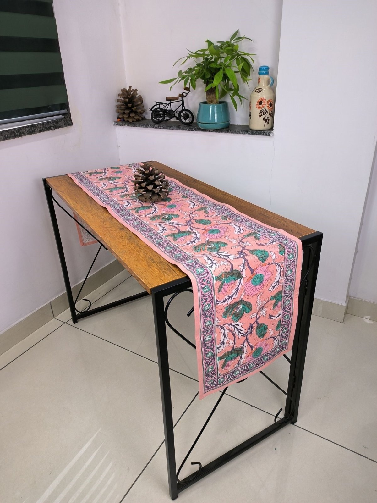 Table Runner 100% Pure Cotton Cloth Border Design | Indian Floral Printed Fall Table Runner | Housewarming Fall Gifts | Fruity Pink Hue - The Eastern Loom