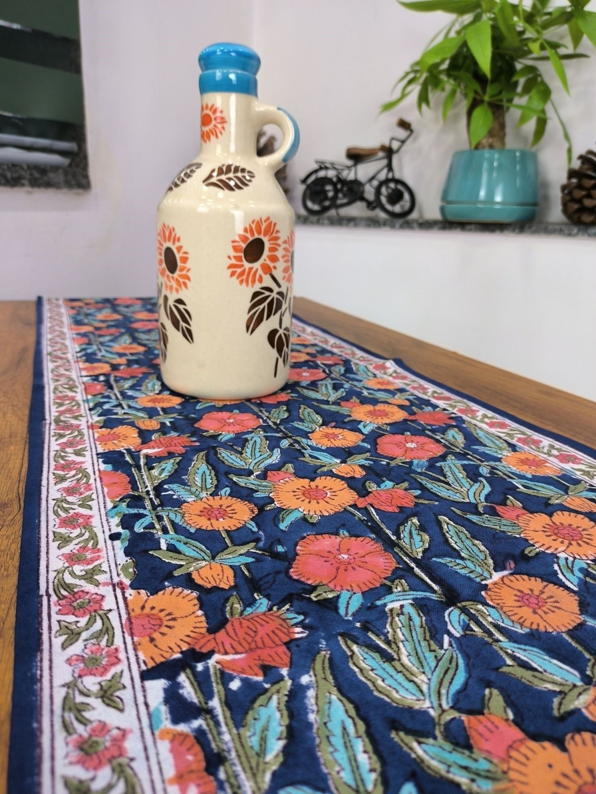 Table Runner 100% Pure Cotton Cloth Border Design | Indian Floral Printed Fall Table Runner | Housewarming Fall Gifts | Mid Night Garden - The Eastern Loom