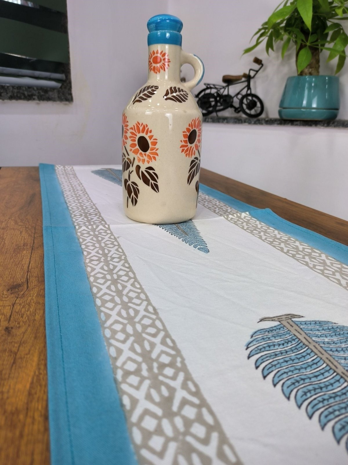 Table Runner 100% Pure Cotton Cloth Border Design | Indian Floral Printed Fall Table Runner | Housewarming Fall Gifts | Pastel Blue Tree - The Eastern Loom