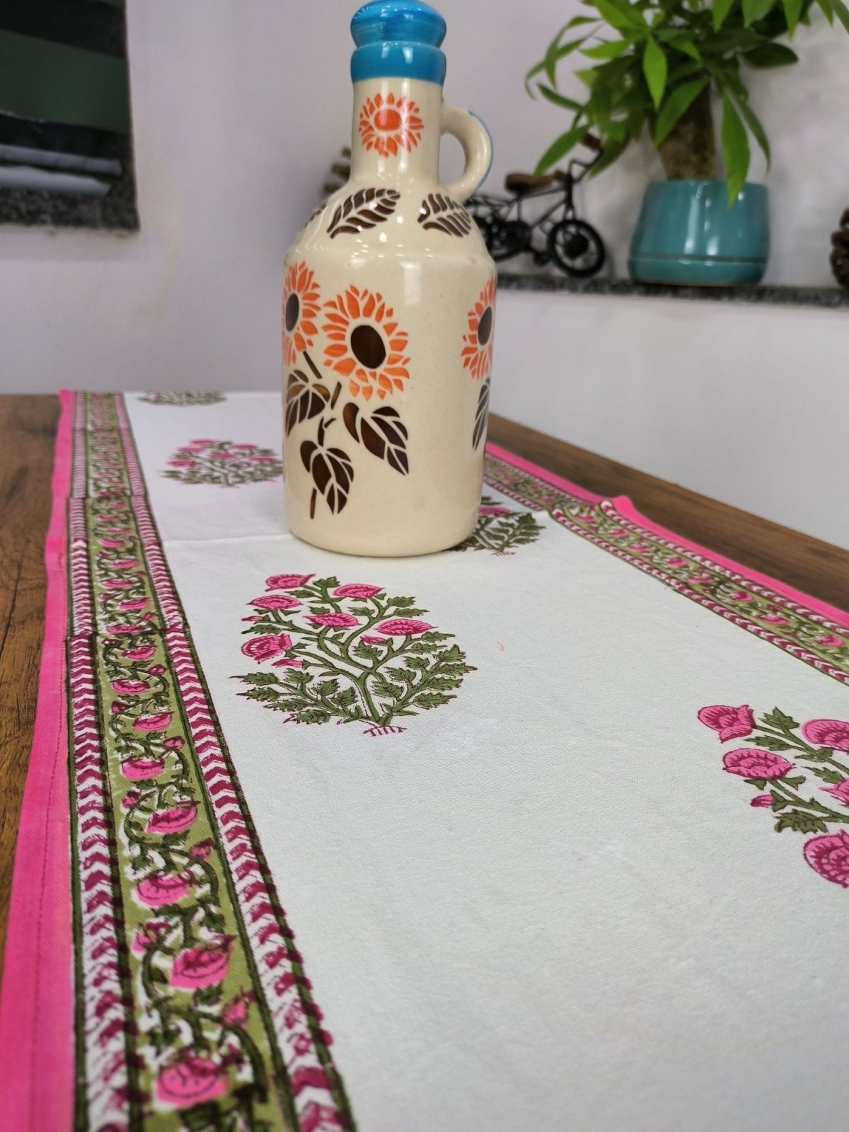 Table Runner 100% Pure Cotton Cloth Border Design | Indian Floral Printed Fall Table Runner | Housewarming Fall Gifts | Pink Floral Motifs - The Eastern Loom