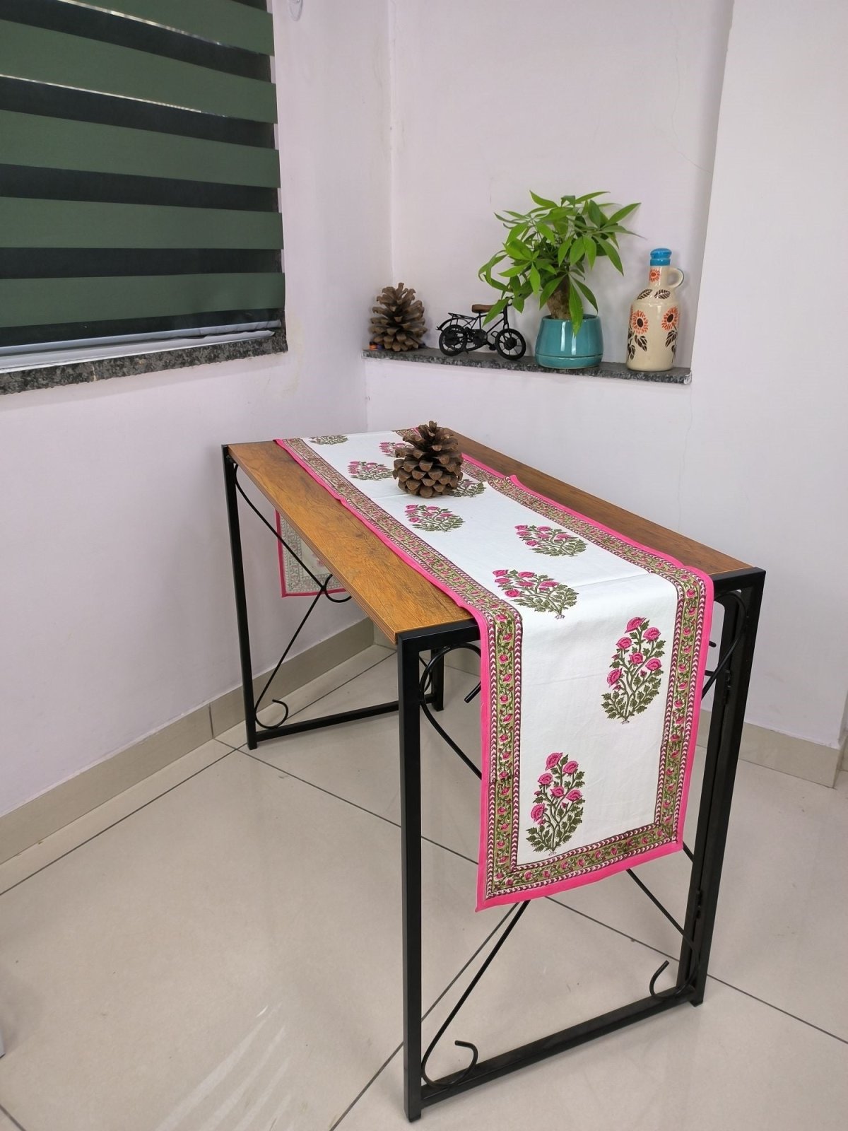 Table Runner 100% Pure Cotton Cloth Border Design | Indian Floral Printed Fall Table Runner | Housewarming Fall Gifts | Pink Floral Motifs - The Eastern Loom