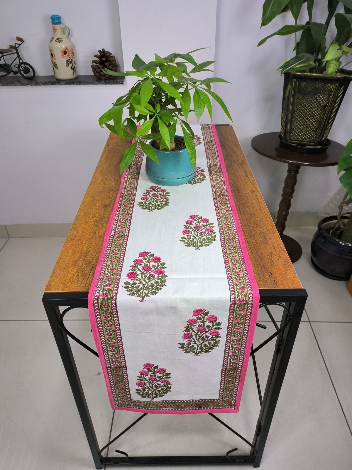 Table Runner 100% Pure Cotton Cloth Border Design | Indian Floral Printed Fall Table Runner | Housewarming Fall Gifts | Pink Floral Motifs - The Eastern Loom