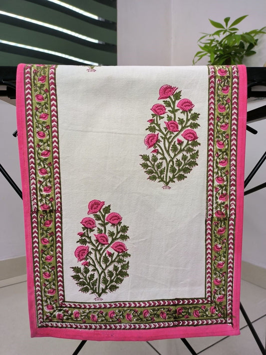 Table Runner 100% Pure Cotton Cloth Border Design | Indian Floral Printed Fall Table Runner | Housewarming Fall Gifts | Pink Floral Motifs - The Eastern Loom