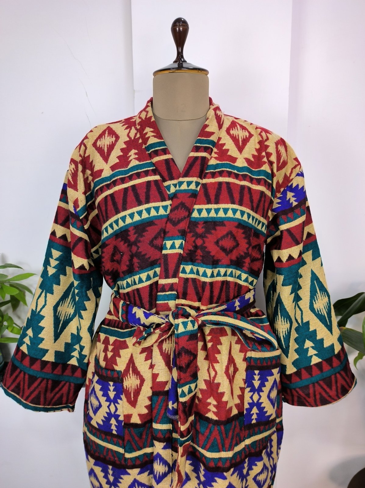 Unisex Yak Wool Blend Geometric Diamonds Kimono/Robe | Luxurious Beige Red Teal Urban Floral Print | Warm Hygge Christmas Gift for Her & Him - The Eastern Loom