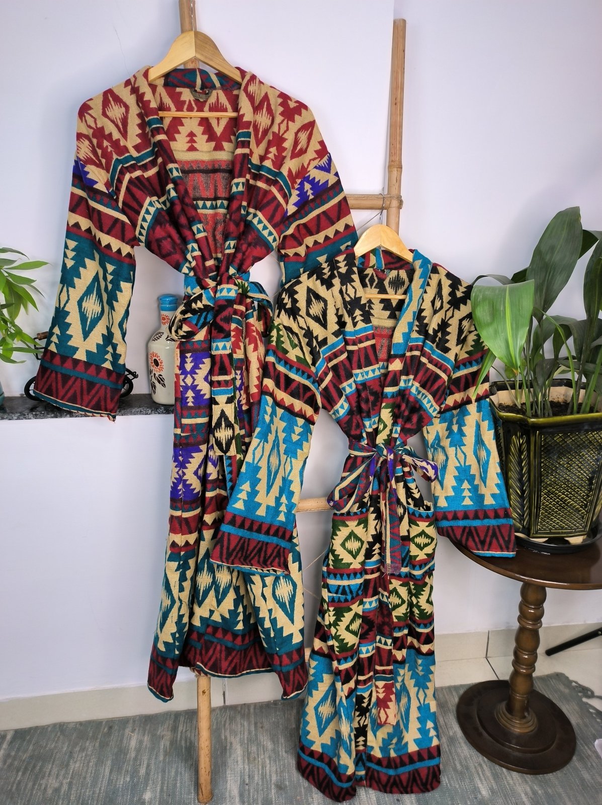 Unisex Yak Wool Blend Geometric Diamonds Kimono/Robe | Luxurious Beige Red Teal Urban Floral Print | Warm Hygge Christmas Gift for Her & Him - The Eastern Loom