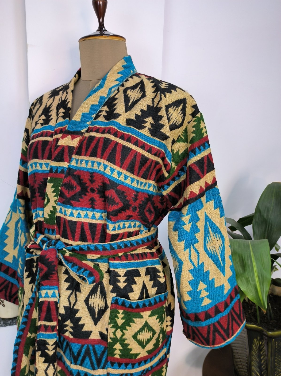 Unisex Yak Wool Blend Geometric Diamonds Kimono/Robe | Luxurious Beige Red Teal Urban Floral Print | Warm Hygge Christmas Gift for Her & Him - The Eastern Loom