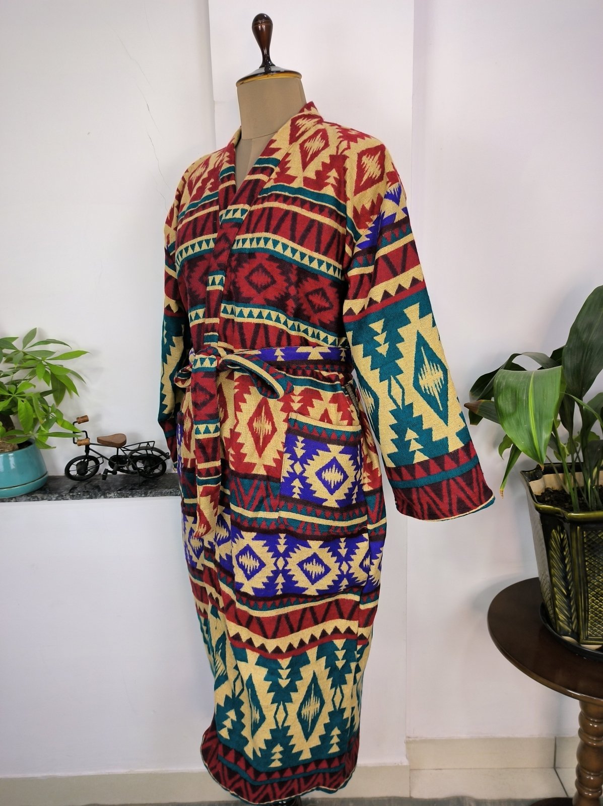 Unisex Yak Wool Blend Geometric Diamonds Kimono/Robe | Luxurious Beige Red Teal Urban Floral Print | Warm Hygge Christmas Gift for Her & Him - The Eastern Loom