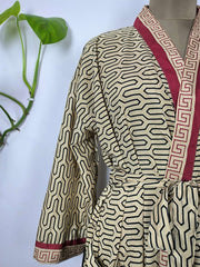 Upcycle Boho Chic Coverup Recycle Silk Sari Kimono Gorgeous Wardrobe Vintage Elegance House Robe | Duster Cardigan | Beige Black Geometric - The Eastern Loom