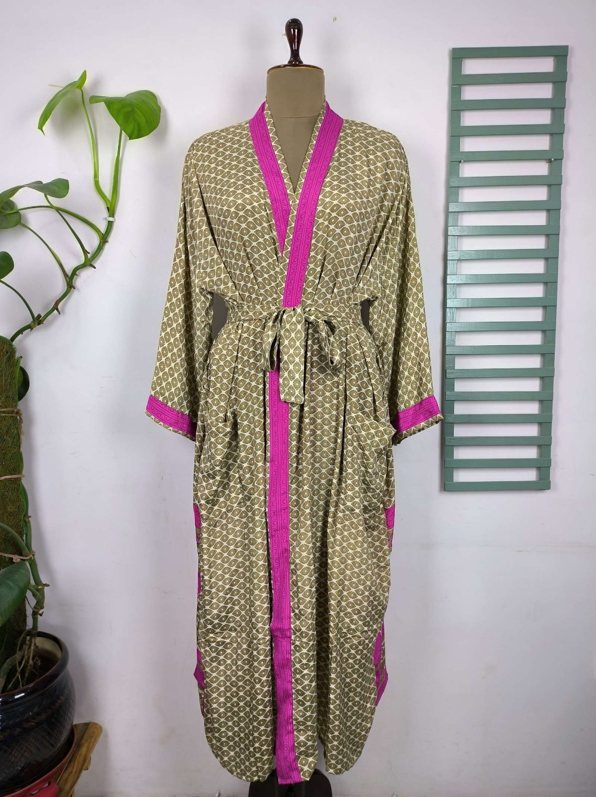 Upcycle Boho Chic Coverup Recycle Silk Sari Kimono Gorgeous Wardrobe Vintage Elegance House Robe | Duster Cardigan | Beige Golden Motifs - The Eastern Loom