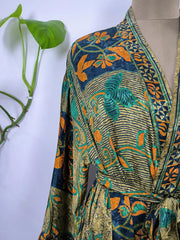 Upcycle Boho Chic Coverup Recycle Silk Sari Kimono Gorgeous Wardrobe Vintage Elegance House Robe | Duster Cardigan Beige Green Blue Floral - The Eastern Loom