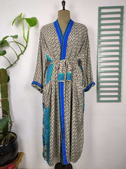 Upcycle Boho Chic Coverup Recycle Silk Sari Kimono Gorgeous Wardrobe Vintage Elegance House Robe | Duster Cardigan | Blue Hues Geometric - The Eastern Loom