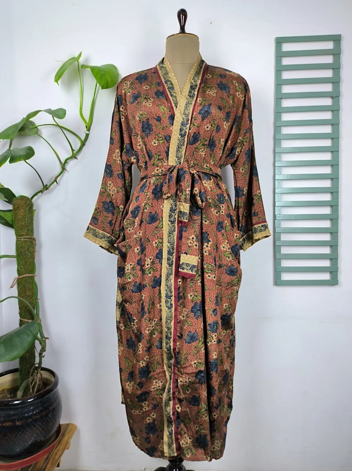 Upcycle Boho Chic Coverup Recycle Silk Sari Kimono Gorgeous Wardrobe Vintage Elegance House Robe | Duster Cardigan Botanical Blossom Floral - The Eastern Loom