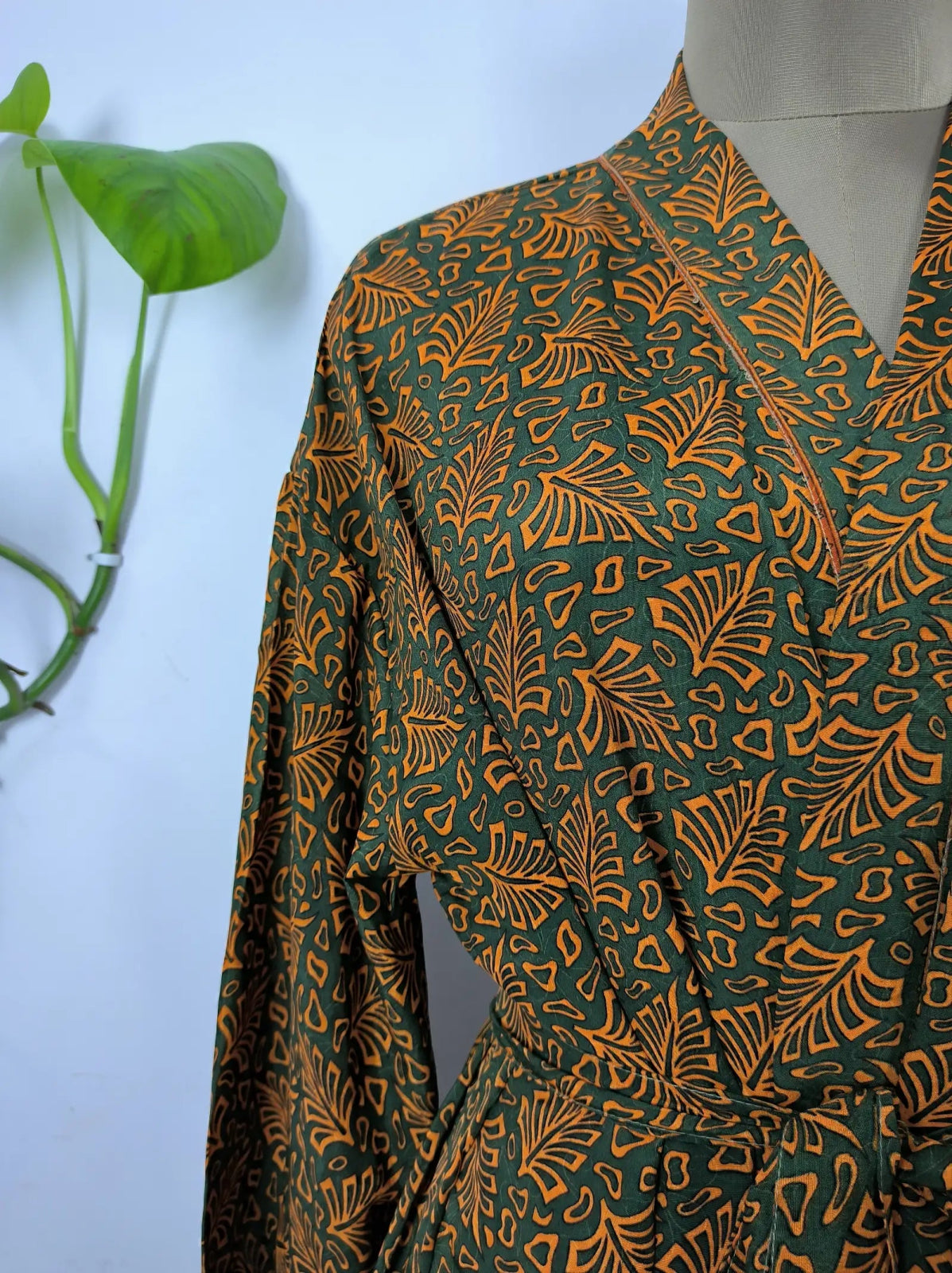 Upcycle Boho Chic Coverup Recycle Silk Sari Kimono Gorgeous Wardrobe Vintage Elegance House Robe | Duster Cardigan Botanical Blossom Leafs - The Eastern Loom