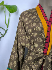 Upcycle Boho Chic Coverup Recycle Silk Sari Kimono Gorgeous Wardrobe Vintage Elegance House Robe | Duster Cardigan | Brown Beige Motifs - The Eastern Loom