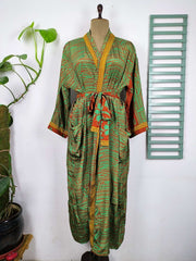 Upcycle Boho Chic Coverup Recycle Silk Sari Kimono Gorgeous Wardrobe Vintage Elegance House Robe | Duster Cardigan | Brown Green Geometric - The Eastern Loom