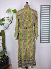 Upcycle Boho Chic Coverup Recycle Silk Sari Kimono Gorgeous Wardrobe Vintage Elegance House Robe | Duster Cardigan Gray Green Stripes Motifs - The Eastern Loom