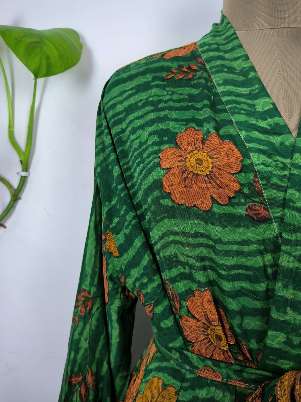 Upcycle Boho Chic Coverup Recycle Silk Sari Kimono Gorgeous Wardrobe Vintage Elegance House Robe | Duster Cardigan | Green Brown Floral - The Eastern Loom