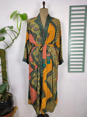 Upcycle Boho Chic Coverup Recycle Silk Sari Kimono Gorgeous Wardrobe Vintage Elegance House Robe | Duster Cardigan Green Paisley Floral - The Eastern Loom